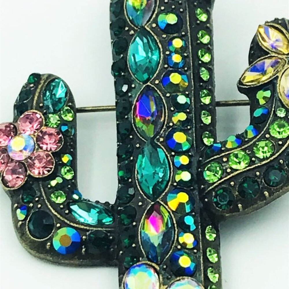 CACTUS BROOCH MULTICOLORED RHINESTONE CRYSTAL GLASS VIBRANT AND COLORFUL